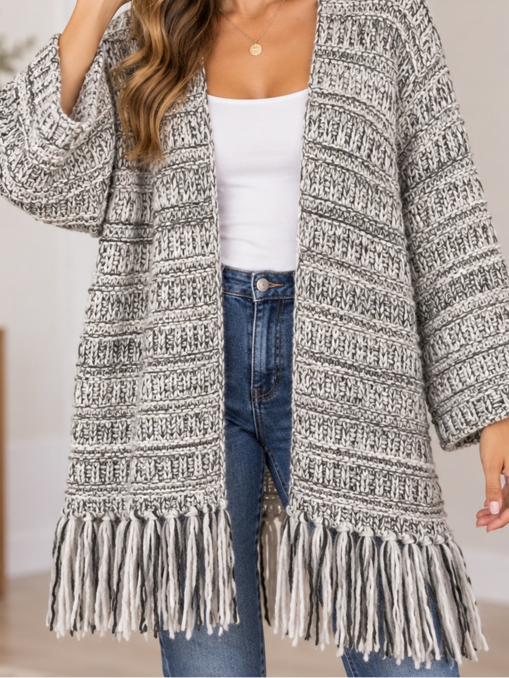 Cliche wool blend fringe cardigan.